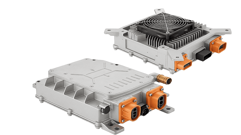 A 3D render of two distinct EV power modules or Onboard Chargers (OBCs). One module shows cooling fins and a fan, while the other features a water cooling connector and orange high-voltage connectors.