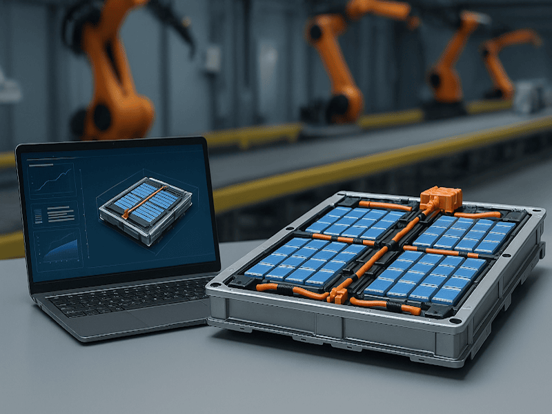 EV battery pack on a workstation beside a laptop displaying a thermal model, illustrating how suppliers evaluate thermal management system compatibility.