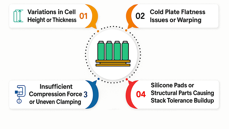 EV battery thermal management infographic explaining four engineering causes of gaps between battery cells and cooling plates