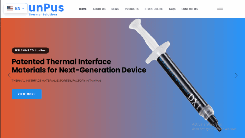 Screenshot of the JunPus Technology website homepage, showing a large image of a thermal paste syringe and the text "Patented Thermal Interface Materials."