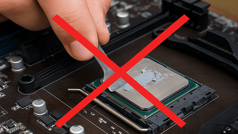 Person scraping thermal paste off a CPU incorrectly using a metal tool.