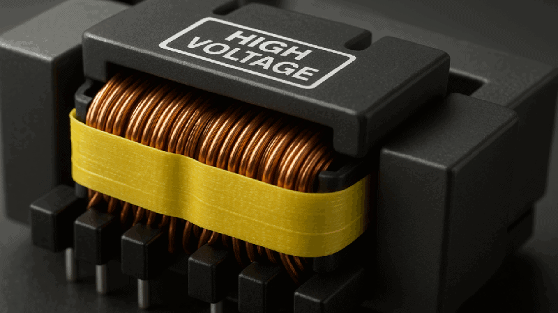 Close-up view of a high-voltage wire-wound power transformer.