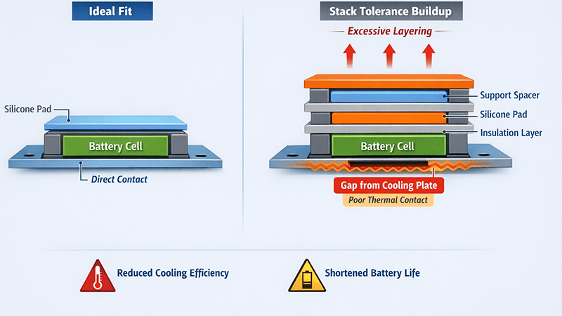 Diagram showing how silicone pads, insulation layers, and structural supports cause stack tolerance buildup in battery modules, creating gaps between lithium-ion cells and the cooling plate that reduce thermal conductivity, cooling efficiency, and battery lifespan.