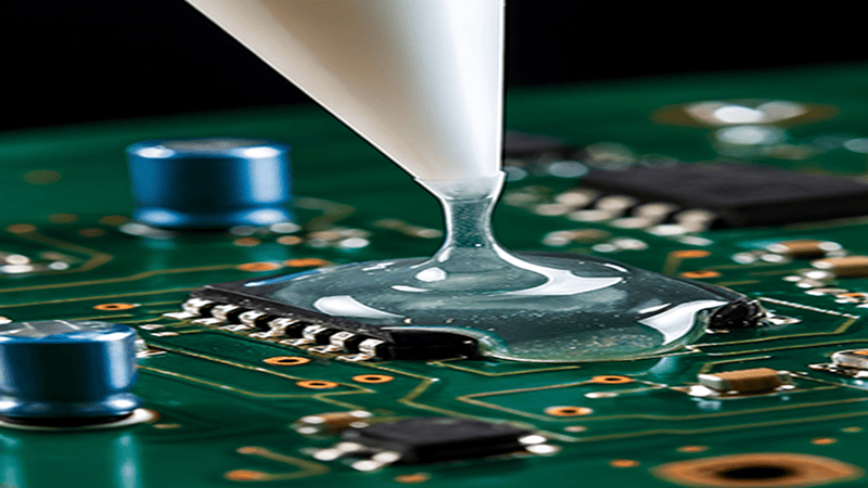 Gel térmico que se dispensa sobre una placa de circuito electrónico.