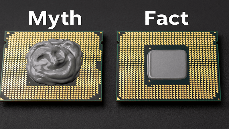 Side-by-side image of two CPUs with thermal grease applied. The left one showing excessive messy paste and the right one showing a smooth even layer.