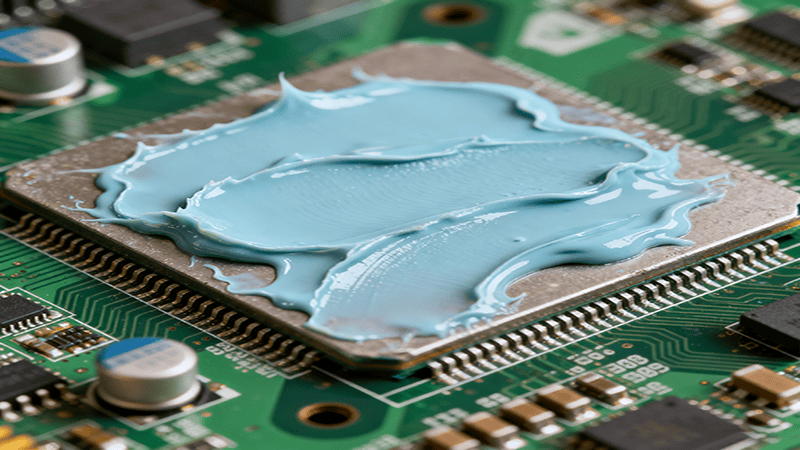 Una CPU sobre una placa de circuito verde con pasta térmica azul claro esparcida por su superficie.