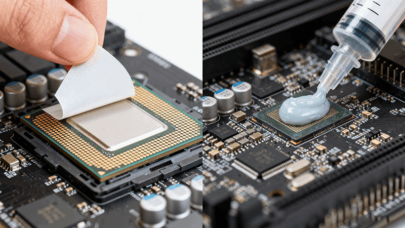 Split view: Left - Hand removing a sticker from a CPU (with gold pins) on a motherboard; Right - Applying thermal paste to a processor using a syringe