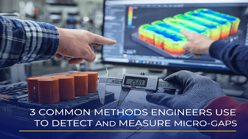 Engineers measure battery parts (caliper) – 3 methods to detect & measure micro-gaps (thermal imaging display)