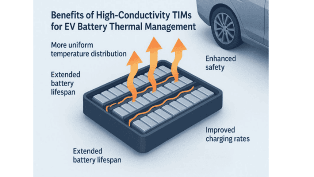 Infografía que muestra los beneficios de los TIM de alta conductividad para la gestión térmica de baterías de vehículos eléctricos.