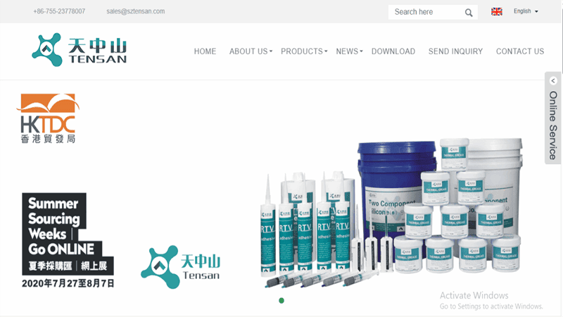 Screenshot of the Tensan Sealant & Adhesive website homepage, featuring a variety of thermal sealants, adhesives, and large buckets of products.