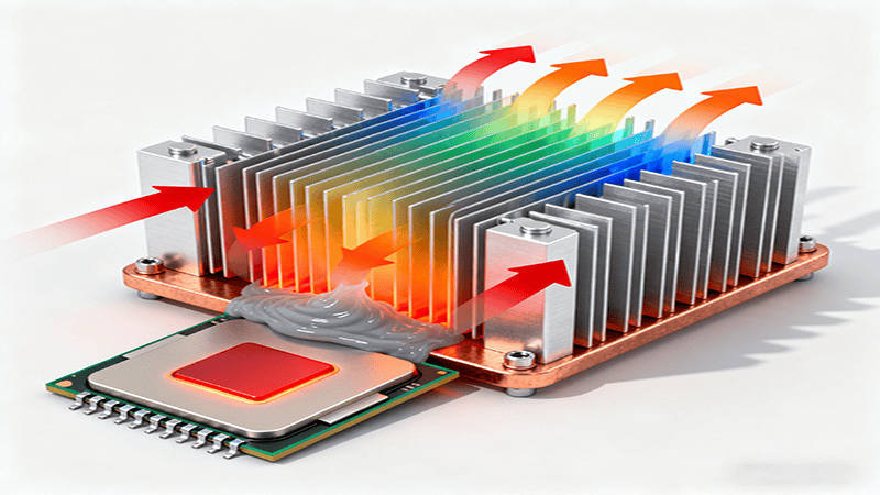 Pasta térmica entre una CPU (con una zona roja caliente) y un disipador de calor, que muestra la disipación de calor mediante flechas de colores que indican el flujo de calor.