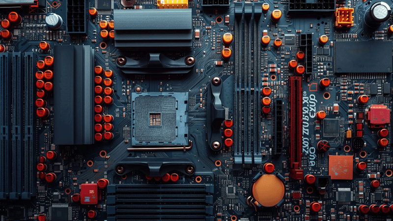 ATX computer motherboard with CPU socket, RAM slots, capacitors & expansion ports (dark blue/red components, detailed close-up)