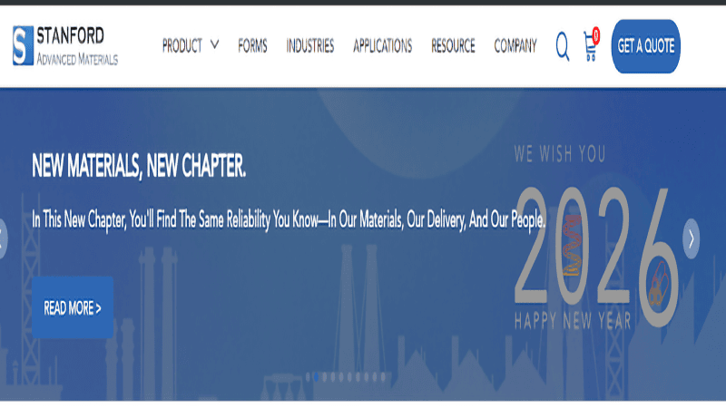 Stanford Advanced Materials website banner: 'NEW MATERIALS, NEW CHAPTER.' headline (about material reliability) paired with 'WE WISH YOU 2026 HAPPY NEW YEAR' greeting; Stanford Advanced Materials logo at the top left, plus 'GET A QUOTE' button.