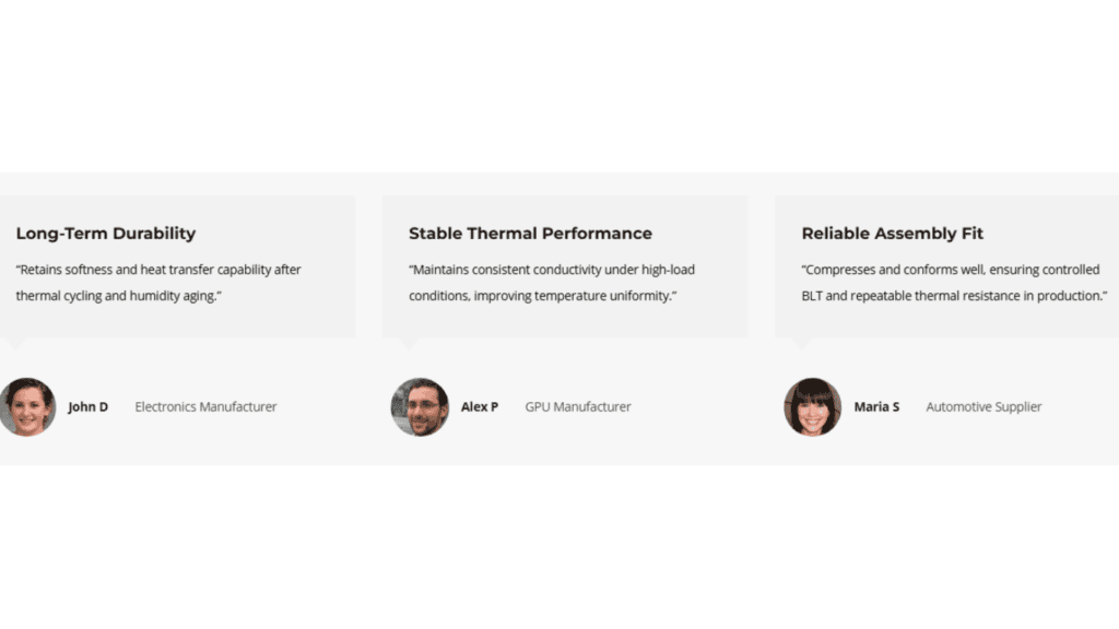 Testimonios de clientes sobre el rendimiento de materiales térmicos de las industrias electrónica, de GPU y automotriz