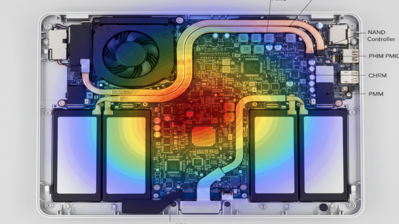 Thermal heat map showing hot spots on MacBook Pro M1 battery management and SSD controller chips