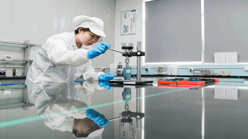 Investigador con bata y guantes estériles que utiliza un instrumento de prueba de precisión sobre una superficie de laboratorio reflectante
