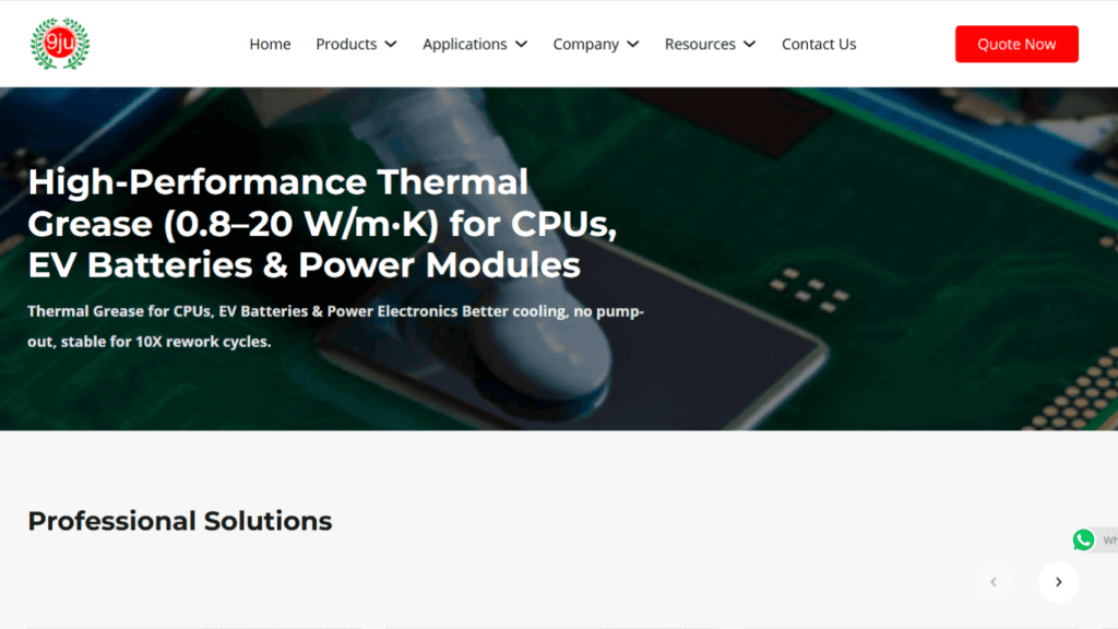 Banner de sitio web para pasta térmica de alto rendimiento utilizada en CPU, baterías de vehículos eléctricos y módulos de potencia