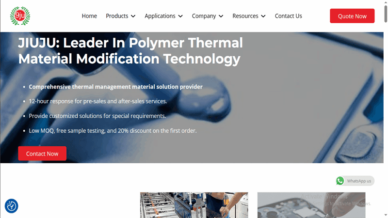 Screenshot of the Jiuju website homepage, featuring the slogan "Leader In Polymer Thermal Material Modification Technology" and a prominent "Contact Now" button.