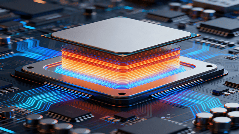 Una unidad central de procesamiento (CPU) con una estructura de refrigeración por capas sobre una placa de circuito impreso, rodeada de componentes electrónicos y vías térmicas iluminadas.