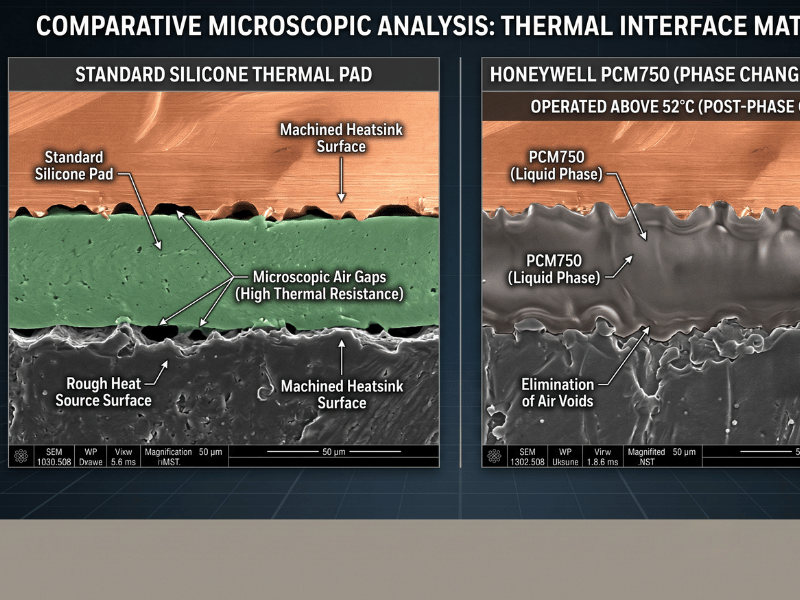 Comparación microscópica de una almohadilla térmica de silicona estándar frente al material de cambio de fase Honeywell PCM750.