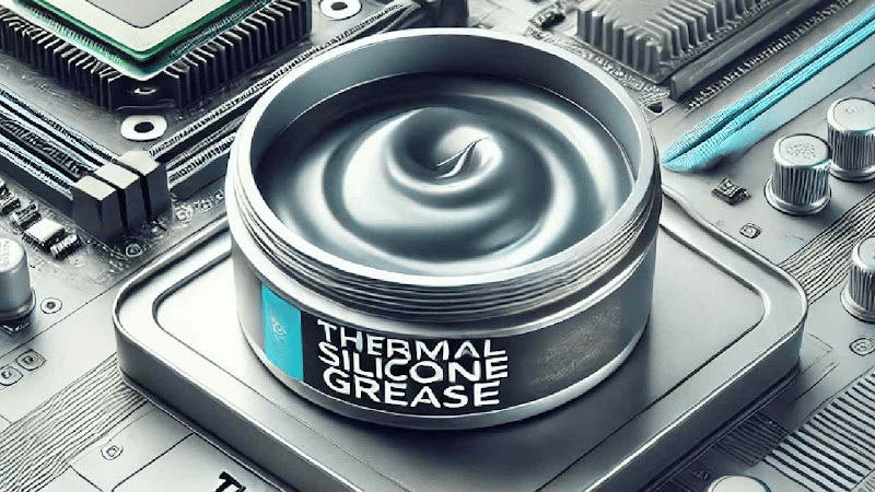 Frasco de grasa térmica de silicona colocado sobre la placa base de un ordenador (con la CPU y el disipador de calor al fondo). Esta pasta aislante de alta conductividad térmica está diseñada para mejorar la disipación de calor de los componentes electrónicos (p. ej., CPU y GPU) rellenando los microespacios entre los dispositivos y el hardware de refrigeración.