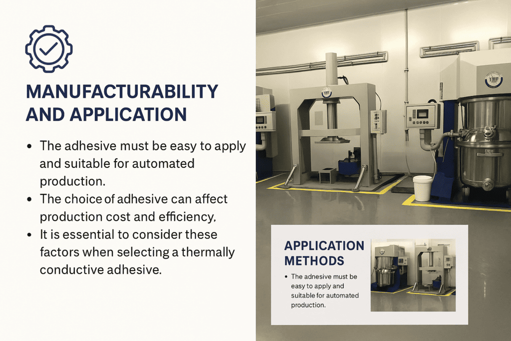 Split infographic showing manufacturability and application of thermally conductive adhesives