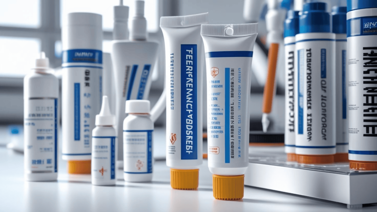 A detailed close-up shot of varous tubes and containers of adhesive solutions
