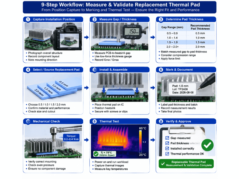 Step-by-step method to measure replacement thermal pad thickness and verify contact