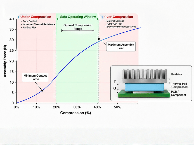 Thermal pad compression-force curve with safe contact and load window