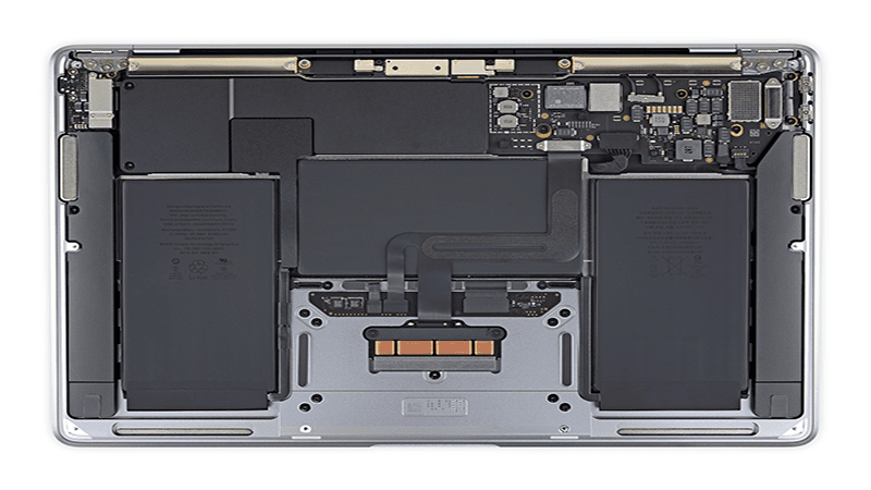 Internal view of MacBook Pro M1 logic board and cooling fan architecture overview