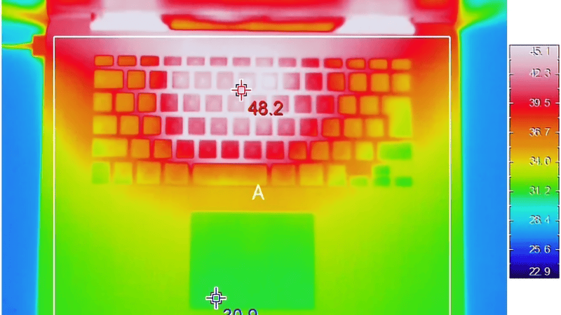 Thermal camera imaging comparison showing MacBook Pro M1 temperature reduction