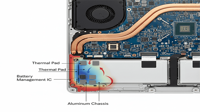 Thermal pad heat transfer path from MacBook Pro M1 logic board to aluminum chassis