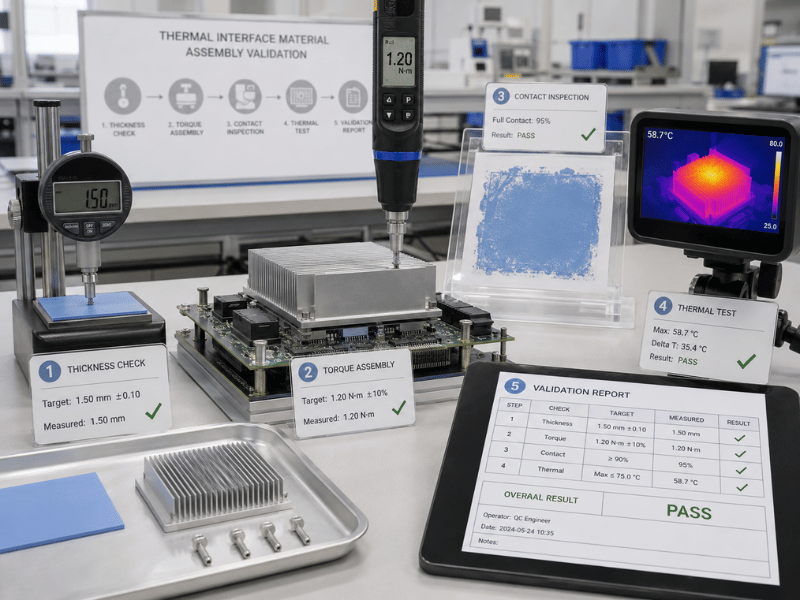 Production validation steps for selected thermal pad thickness and compression