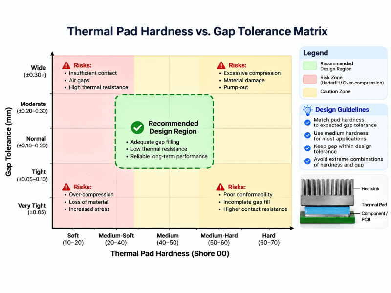 Thermal pad hardness and gap tolerance matrix for thickness selection