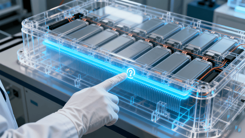 Cutaway diagram of an EV battery pack showing thermal interface materials (TIMs) between the battery cells and the cooling plate. Blue lines represent heat dissipation.