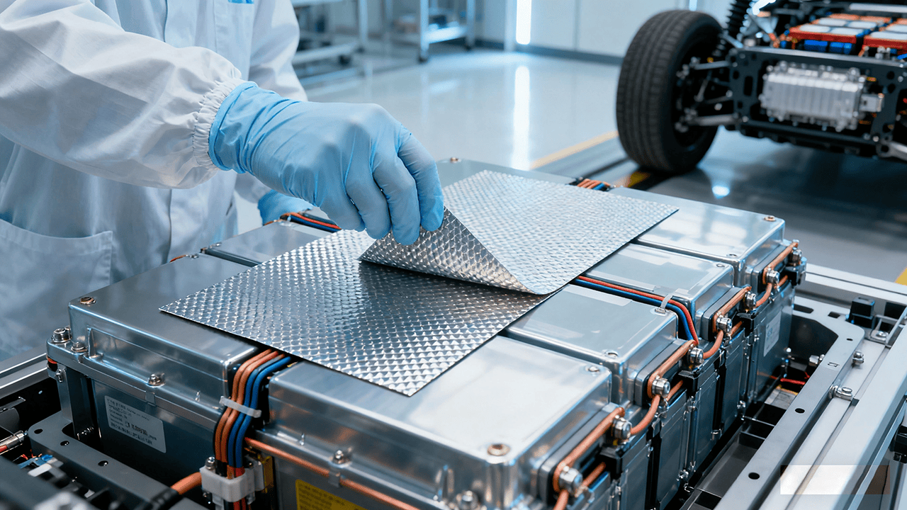 A close-up, realistic photo of a technician in a cleanroom glove applying a gray thermal conductive pad onto a new energy vehicle's battery module. The background is a modern manufacturing facility with the vehicle's chassis visible.