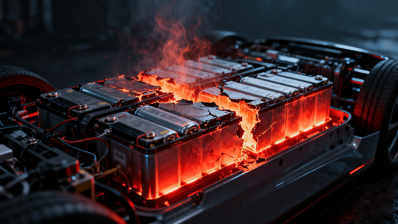 The battery pack of a new energy vehicle exploded due to overheating, and the explosion sent up red flames.