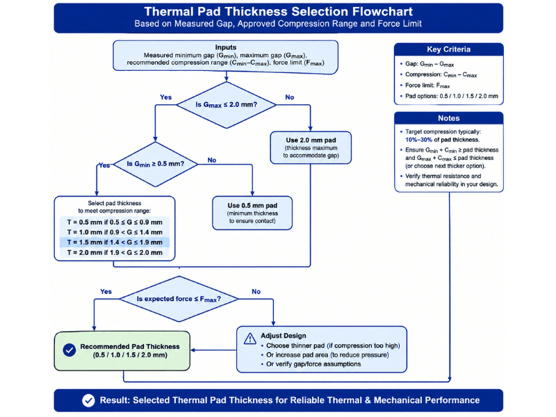 Decision flow for selecting common thermal pad thicknesses from measured gap and compression